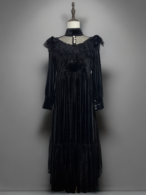 Gothic Black Velvet Dress Long Sleeve s with Floral Accents - Victorian Style Dress with Lace Accents Plus Size